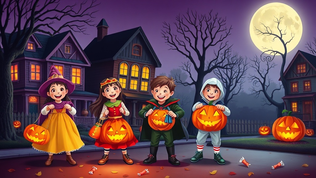 아이들이 trick or treat을 하기위해 모여있다